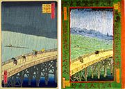 À gauche : Hiroshige 1857, Le pont Ōhashi et Atake sous une averse soudaine, xylographie H. 37,4 cm. À droite : Van Gogh 1887, Japonaiserie : pont sous la pluie, H. 73 cm. Musée Van Gogh. Japonisme.