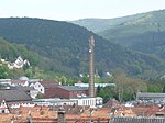 Blick auf Lambrecht mit dem markanten Schornstein der ehemaligen Textilfabrik