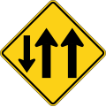 W6-5a Two-way traffic (3-Lane, one lane in the opposing direction)