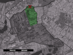 The village (dark red) and the statistical district (light green) of Vrouwenakker in the former municipality of Liemeer.