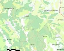 Carte élémentaire montrant les limites de la commune, les communes voisines, les zones de végétation et les routes