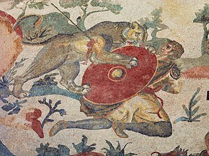 A wounded lioness attacks a hunter in the Great Hunt mosaic