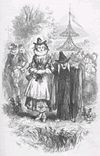 A black and white illustration depicts an upright young lady in a Tudor dress with a hunched old woman in the archetypal attire of a witch (a long black dress, large cane and pointed black hat) holding on to her left arm. A large crowd stands behind the pair.