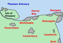 A map of north-east Kent, with urban areas shaded in grey. Labels mark the locations of the Thames Estuary, the Isle of Sheppey, Whitstable, Herne Bay, Margate, Ramsgate, Sandwich, Deal, Faversham and Canterbury
