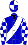 Blue, white sash, checked sleeves, quartered cap