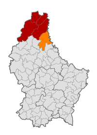 Map of Luxembourg with Parc Hosingen highlighted in orange, and the canton in dark red