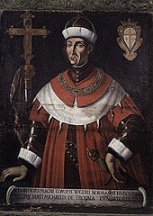 Tableau représentant un homme habillé en rouge et blanc portant un chapeau des mêmes couleurs