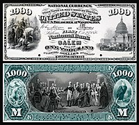 Obverse and reverse of a one-thousand-dollar National Bank Note