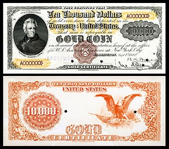 Ten-thousand-dollar gold certificate from the series of 1882, by the Bureau of Engraving and Printing