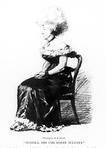 Gravure d'une femme albinos aux cheveux longs assise.