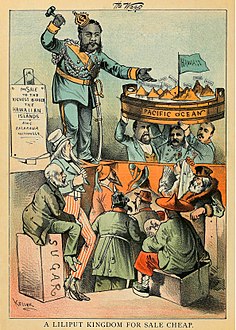 "A Liliput Kingdom For Sale Cheap" (1881), depicts King Kalākaua auctioning the Hawaiian Islands off to the highest bidder