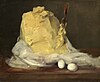 Painting of a huge mound of butter, with a knife seemingly suspended in the air, and two eggs in the foreground