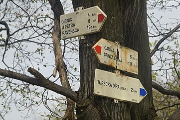 Czech-language signs marking the trails between Sfânta Elena and Gârnic