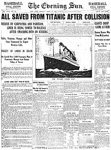 Titelseite der Zeitung “The Evening Sun” vom 15. April 1912, auf der fälschlicherweise von der Rettung aller Passagiere und der Abschleppung der beschädigten Titanic nach Halifax berichtet wird.