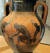 Une amphore d'Exékias. Face A : Achille et Ajax jouant aux dés. 540-530. Découvert à Vulci. Musée du Vatican