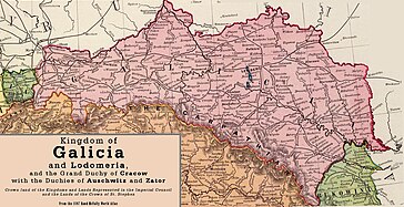 Galitsian kuningaskunnan kartta (1897). H’yriv esiintyy kartan keskivaiheilla risteyspaikkakuntana nimellä Chyrow.