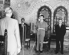 President Houari Boumediene, Foreign Minister Abdelaziz Bouteflika and Chief of Staff Djelloul Khatib, presentation of diplomatic credentials by the Ambassador of the United States, Palais du Peuple, Algiers, 1967