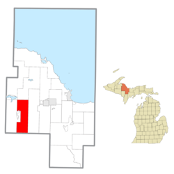 Location within Marquette County (red) and an administered portion of the Republic community (pink)