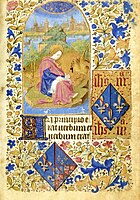 Page of illuminated manuscript showing John of Patmos and the coats of arms of Joan of France and Catherine of Armagnac