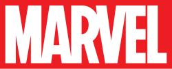 Red background with white letters spelling out Marvel