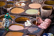 Men dyeing leather in the stone vessels of the tannery