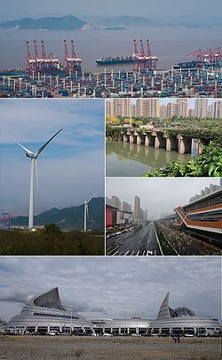Clockwise from the top: Port of Ningbo, Yanshan Dyke, Zhonghe Road Station, China Port Museum, Chuanshan Wind Power Plant