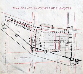 Plan du couvent (en noir) par rapport à l'enceinte de Philippe-Auguste et à la voirie actuelle (en rouge).