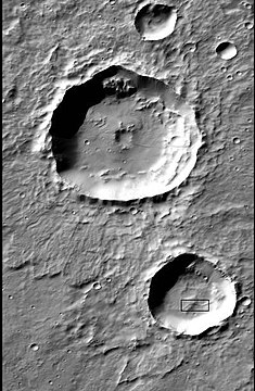 CTX image of craters in Aeolis quadrangle with black box in the large crater at lower right showing location of next image.