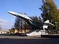 Model of Sukhoi Su-27 in front of Ufa engine-building production association