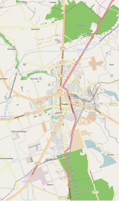 Mapa konturowa Suwałk, w centrum znajduje się punkt z opisem „Archiwum Państwowe w Suwałkach”