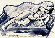 Sketch of a reclining nude in brush and ink washes, Lajos Tihanyi, 1910