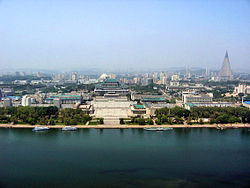 The Grand People's Study House and Kim Il-sung Square (with Ryugyong Hotel in background)