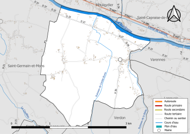 Carte en couleur présentant le réseau hydrographique de la commune