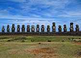 All fifteen standing moai at Ahu Tongariki, excavated and restored in the 1990s