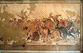 La batalla de Issos, mosaico romano hallado en Pompeya.