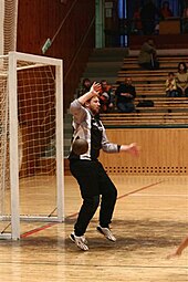 A Czech Handball goalkeeper attempting to block a brown ball entering a white net