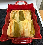 A Mexican-American variation which has chiles stuffed with monterey jack cheese and an egg batter, baked in a casserole dish
