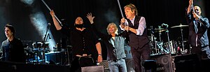 Paul McCartney and his band at Glastonbury 2022. From left: Rusty Anderson, Abe Laboriel Jr., Brian Ray, Paul McCartney and Wix Wickens.
