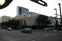 Corner view of the Hudson's Bay Building with A-Channel signage