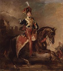 painting of man wearing a British 19th-century cavalry uniform astride a black horse