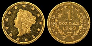 Obverse and reverse of a 1849 Type 1 Liberty-head gold dollar