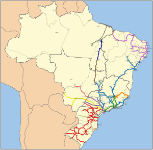 Mapa do Brasil indicando ferrovias em corres distintas segundo operador