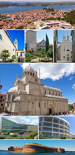 Top: Aerial view of Šibenik; Second row: St. Francis' Monastery, The Medieval Monastery Garden of St. Lawrence, Church of St. Barbara; Third row: Cathedral of St. James; Fourth row: Juraj Šižgorić City Library, Mandalina hotel resort; Bottom: St. Nicholas Fortress