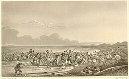 An engraving of a large group of Inuit attacking British canoes