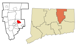 Storrs' location within Tolland County and Connecticut