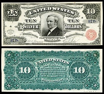 Ten-dollar silver certificate from the series of 1886, by the Bureau of Engraving and Printing