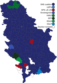 A map of Serbia showing the results of the 2022 parliamentary elections