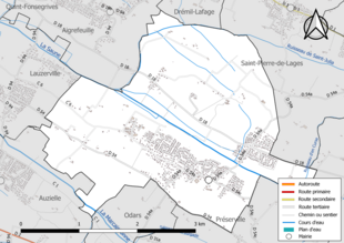 Carte en couleur présentant le réseau hydrographique de la commune