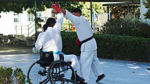 Two people (one in a wheelchair) in a practice of karate.