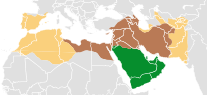 Expansion of the Caliphate under the Rashiduns (brown) and the Umayyads (buff)